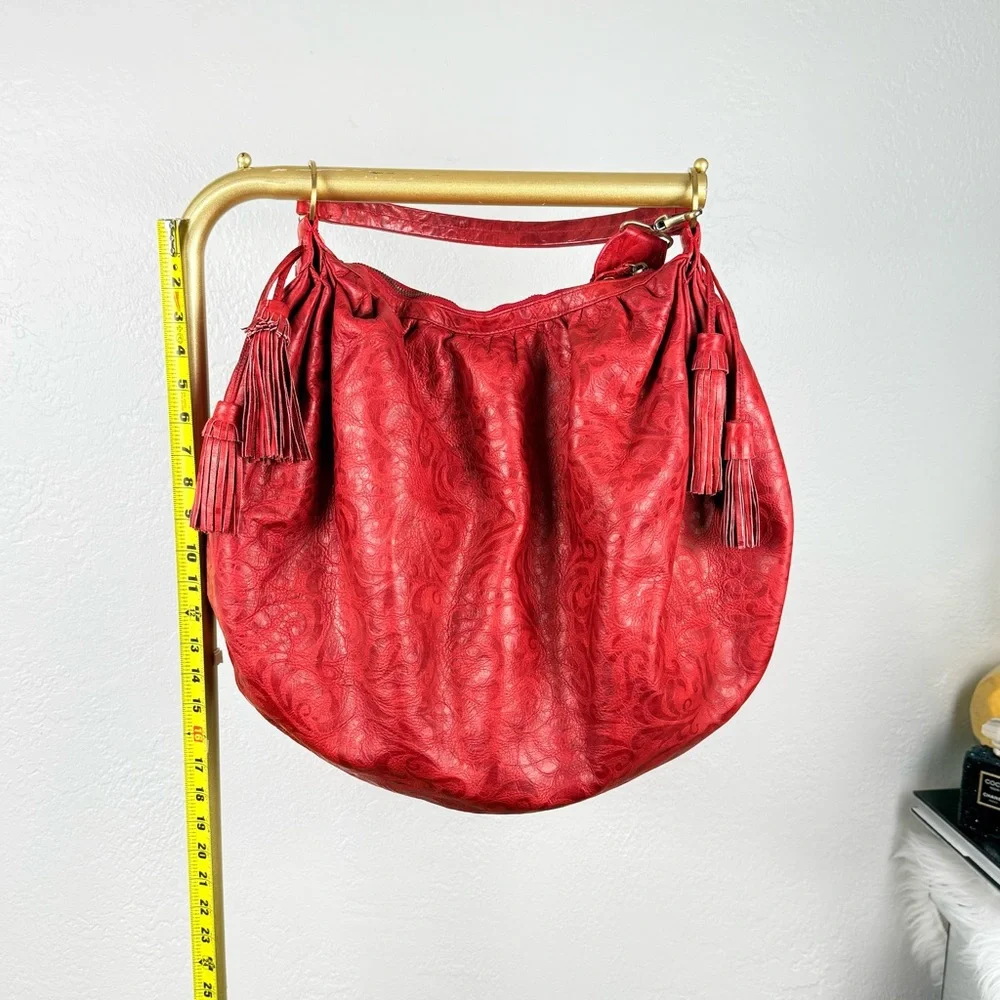 SABINA NEW YORK Red Embossed Leather Hobo Bag Tassels Vintage